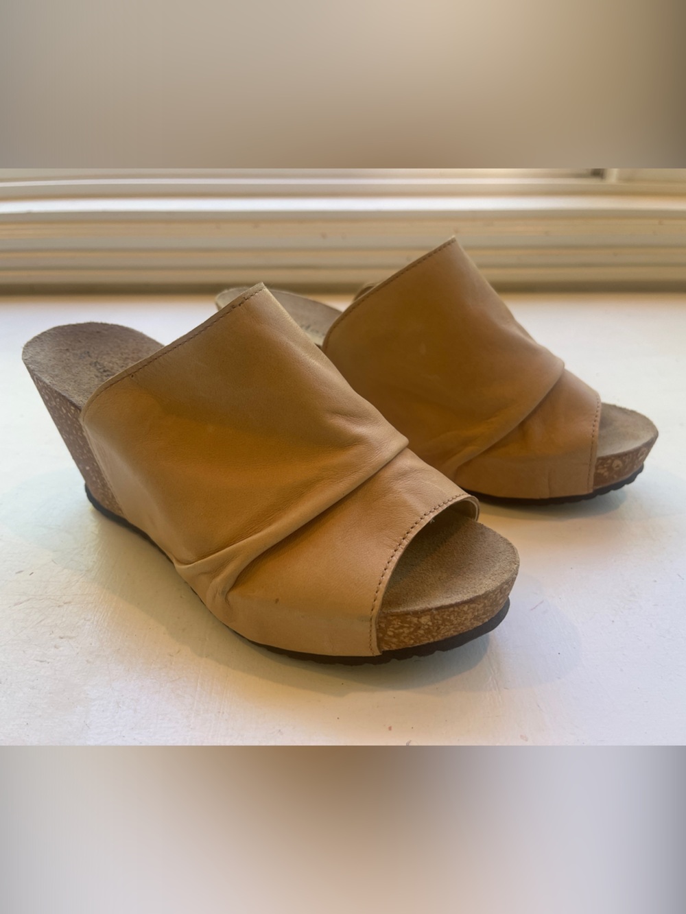 Women's Tan Leather Slide Wedge Mules Italian Sundance Catalog Vera Pelle